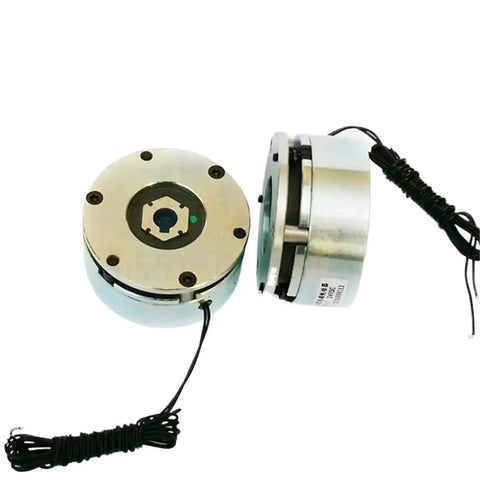 Two power-off electromagnetic brake assemblies (micro galvanic) shown in front and side views with wiring.