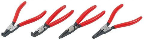 4-Piece Snap Ring Plier Set, 7-Inch straight and curved pro-grade heavy-duty steel pliers with red handles for internal and external rings