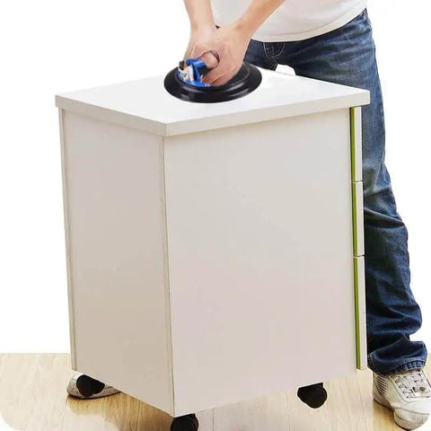 Heavy Duty Vacuum Lifter Set Of 2 8 Inch Suction Cups with metal handle lifting wooden cabinet on horizontal surface