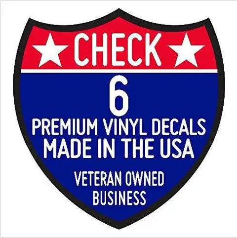 Check 6 shield design with text 'Premium Vinyl Decals Made in the USA, Veteran Owned Business' in red, white, and blue.