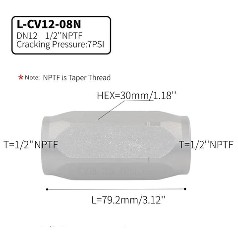 Inline hydraulic check valve, 1/2 in NPTF, metal body with 30 mm hex ends, 79.2 mm long (side view)