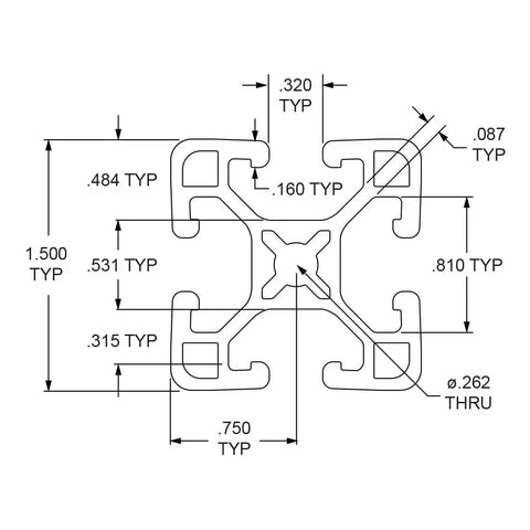 Technical diagram of 1.5 Inch By 1.5 Inch T Slot Aluminum Extrusion 15 Series with measurements, ideal for DIY linear rail and track guide.
