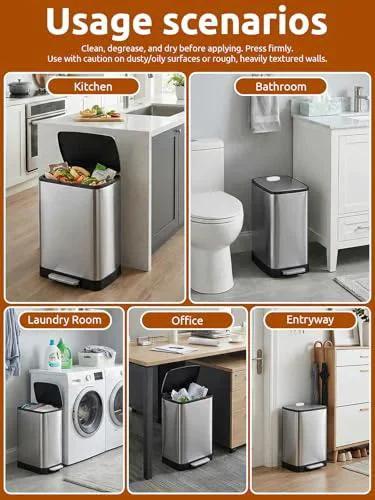 Usage scenarios for transparent wall protectors behind trash cans in kitchens, bathrooms, laundry rooms, offices, and entryways.
