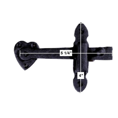 Black Wrought Iron Gate Flip Latch 4 Inch Tall Decorative Antique Heart Style with mounting hardware, top view