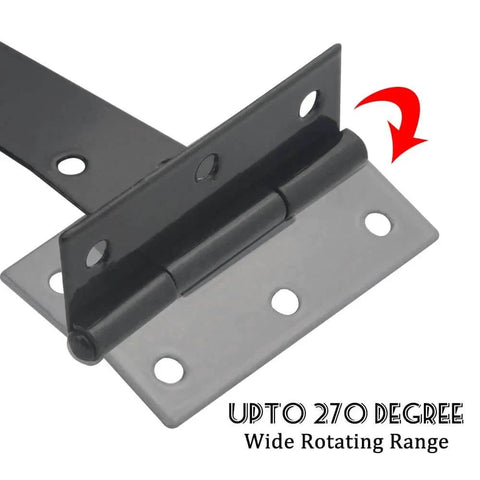 6 Pack 6 Inch T Strap Shed Hinges Heavy Duty Black showing 270-degree rotation capability for barn doors, sheds, and wooden fences.