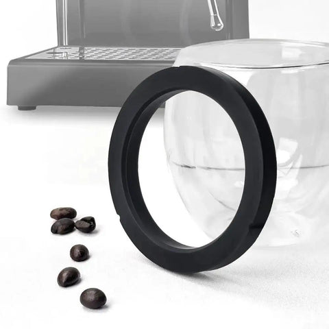 58mm Silicone Brew Head Gasket Replacement for Espresso Machines shown next to coffee maker and glass, preventing leaks and maintaining pressure.