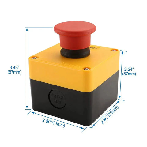 Red Flat Head Momentary Push Button Switch 1NO 1NC AC 660V 10A IP65 Weatherproof in yellow-black box with dimensions