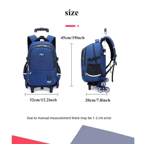 Front and side view of a blue Durable Waterproof Rolling Backpack For Boys Ideal For Elementary And Middle School Students With Wheel Trolley