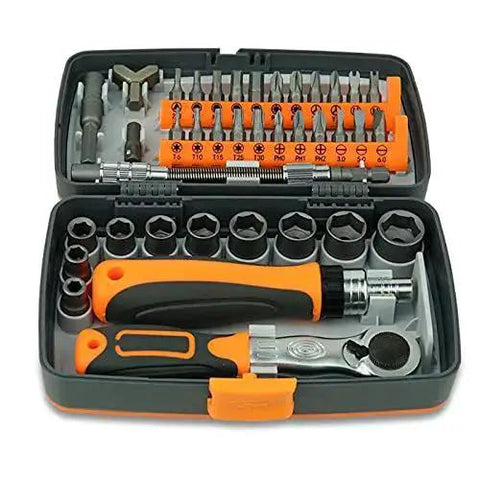 38-in-1 Labor-Saving Ratchet Tool Set With Screwdrivers And Sockets, shown in compact case with multiple bits and sockets.