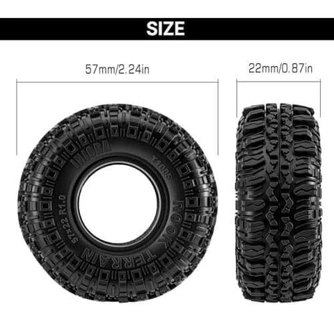Side and front view of Grippy Soft Rubber Rock Crawler Tires 1.0 Beadlock Fit For 1/18 And 1/24 RC Cars, 4 Pack 56x22mm, S5 Compound