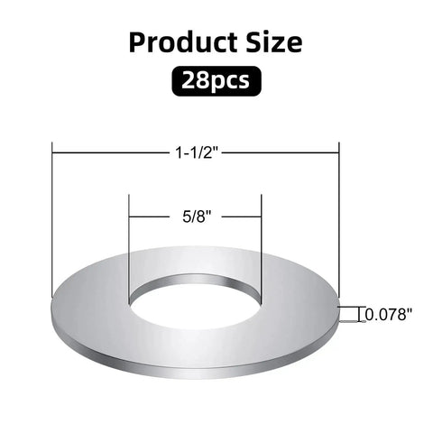 Diagram showing Twenty Eight Piece Five Eighth Inch Inner Diameter Fender Washers One And One Half Inch Outer Diameter 304 Stainless Steel 0.078 Inch Thick Heavy Duty Hardware Washers For Home Industrial Outdoor Use with dimensions 5/8" ID, 1-1/2" OD, 0.078" thick.