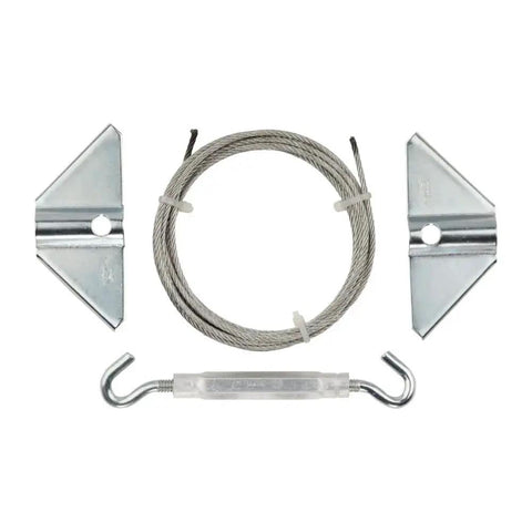 Anti Sag Gate Kit For Exterior Use With WeatherGuard Protection Zinc Plated Heavy Gauge Cold Rolled Steel Includes Top And Bottom Corner Braces And Mounting Hardware Keeps Gates Aligned With Up To Seven And A Half Feet Diagonal Bracing, showing brackets, cable, and turnbuckle.