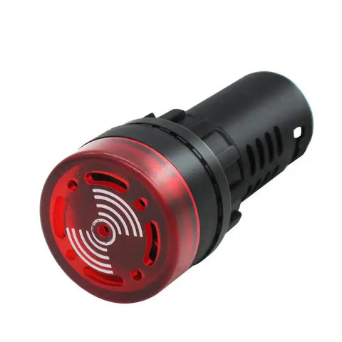 Close-up of Two Pack 22mm Red LED Buzzer Alarm Signal Light 24V AC DC Indicator with high brightness and loud speaker for industrial warnings