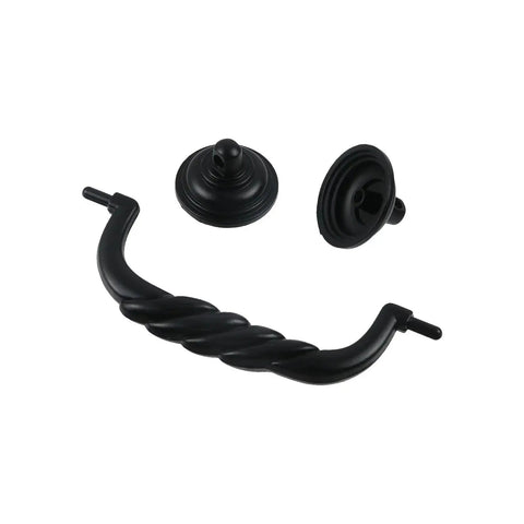 Black Zinc Alloy Cabinet Ring Pull Handles Set Of 2 With Screws, Vintage drawer pulls, black twisted design, parts displayed.