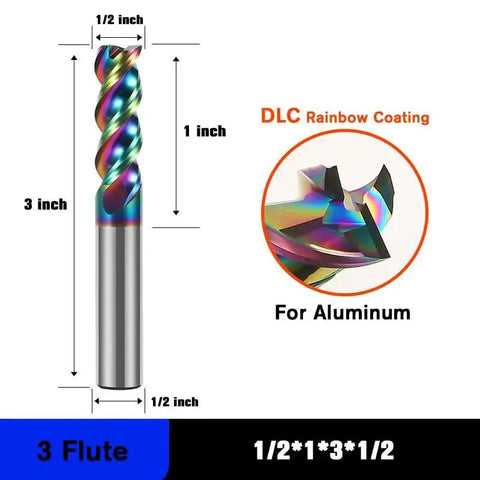 1/2 Inch Carbide Square End Mill For Aluminum With DLC Rainbow Coating, 3 Flutes, 1/2 Inch Shank, 3 Inch Overall Length.
