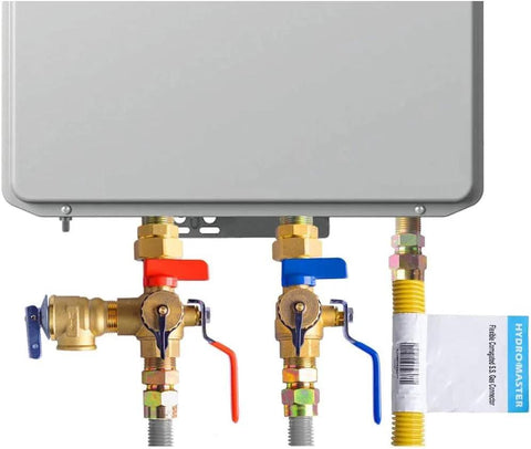 Hydro Master safety relief valve assembly with 3/4 in thread brass valves with red and blue handles for hot water