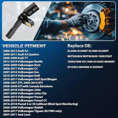 Rear ABS wheel speed sensor pair (left/right), black plastic housing, with VW/Audi vehicle fitment banner.