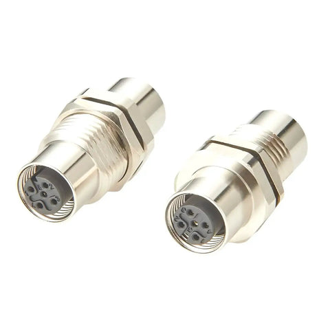 M12 A Coded 5 Pin Female To Female Coupler Panel Mount IP67 Shielded Bulkhead, set of 2 rugged circular connectors.