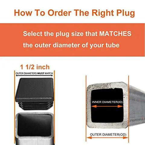 Diagram showing 8 Pack 1 1/2 Inch Square Black Plastic End Caps For Square Tubing And Furniture Finishing Plugs Glide Insertion Style.