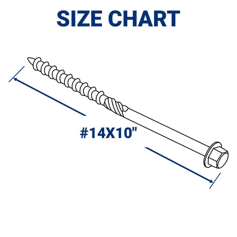 Illustration of 10 Inch Structural Wood Screws Size 14 Lag Screws with hex washer head, showing dimensions in a size chart.
