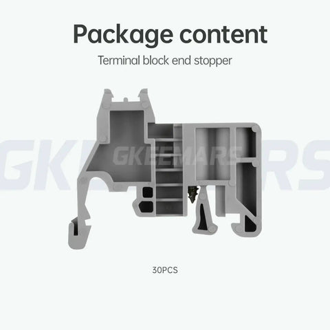 Gray DIN Rail Terminal Block End Stopper Set with Screw Clamp Type End Brackets for 35mm Wide Rails, Pack of 30