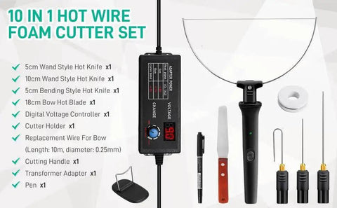 Pro Grade Dope 6 In 1 Hot Foam Cutter Kit With 110 To 240V UL Adaptor And Digital Voltage Controller Includes 12cm And 7cm Wand Knives 5cm Bend Knife 18cm Bow Blade 10m Wire Cutter Holder And Scraper shown in display