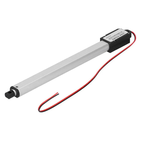 12V 150mm Mini Linear Actuator With Internal Limit Switch shown with wires, suitable for massage chairs, wheelchairs, beds, DIY projects.