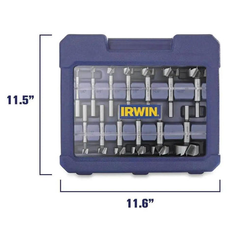 Forstner Bit Set 14 Pieces For Woodworking Carbon Steel By IRWIN in a blue case with clear cover, showing bit sizes