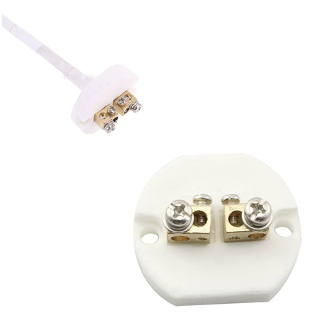 K-type thermocouple sensor with ceramic terminal block on white porcelain disk; dual screw terminals