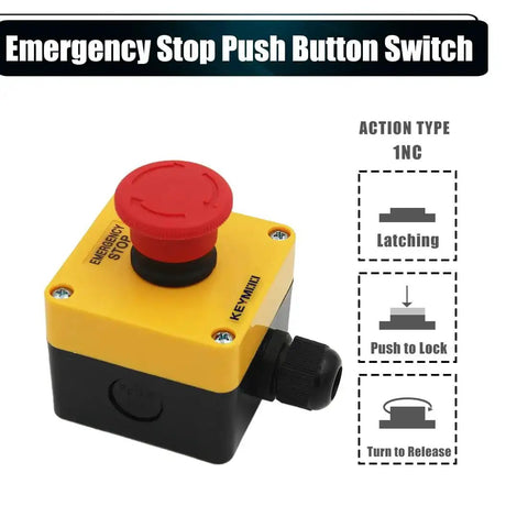 Emergency Stop Push Button Switch 1NC 10A 660V With IP65 Waterproof Box And PG13.5 Black Connectors, front view