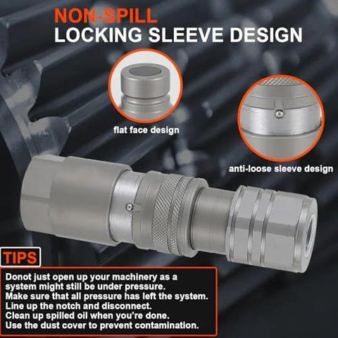 Elifecenter 3/4 in NPT hydraulic quick connect coupler, flat-face, locking sleeve, ISO 16028, Bobcat skid steer compatible