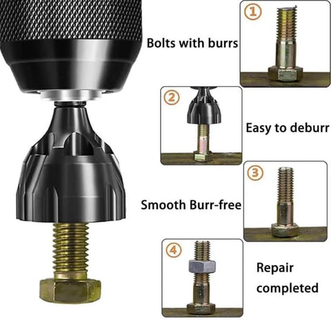Pro Grade Deburring External Chamfer Tool With Tungsten Carbide Blade demonstrating bolt burr removal process