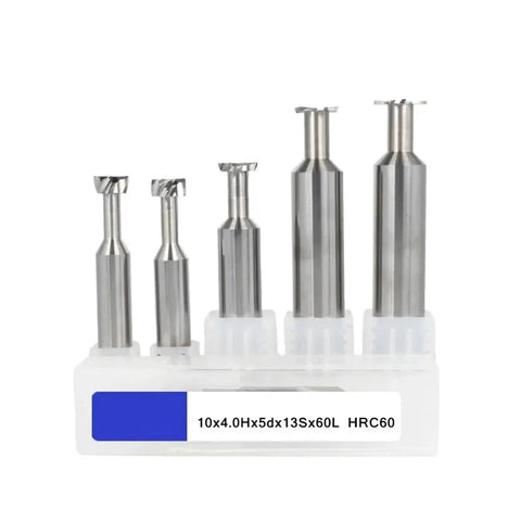 Set of five T Slot Milling Cutter Tungsten Steel Alloy tools for aluminum, copper, and wood machining, different sizes on a stand