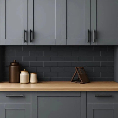 Solid Brass Cabinet Pulls 4 Pack Matte Black Euro T Bar Handles With 5 Inch Hole Center installed on gray kitchen cabinets