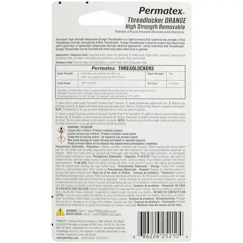Back view of Permatex Threadlocker Orange 10 ml tube packaging showing instructions and details for high vibration machinery use.