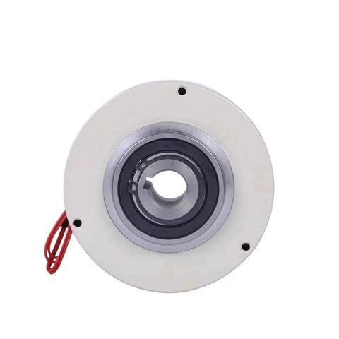 Front view of hollow thin magnetic powder brake with white flange and red lead wires