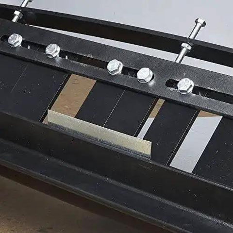 Close-up of the MB48B 48 Inch Pan Style Mini Brake showing bolts and steel construction for 135 degree bends in 22 gauge galvanized steel.