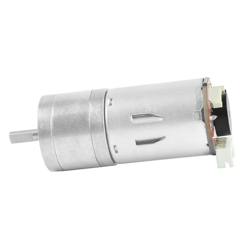 Pair Of 12V DC Gear Motors With Encoder, 100 RPM, 1:45 Gear Ratio, D Shaft, Metal Housing, Silver Finish, Side View