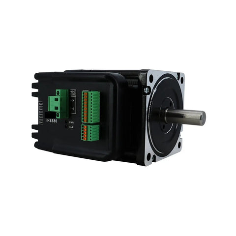 Side view of a two phase integrated closed loop stepper motor drive hybrid servo with encoder for precise positioning.