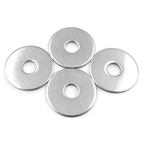Stainless steel flat washers, 1/4 in ID x 1/2 in OD, plain finish, five washers shown