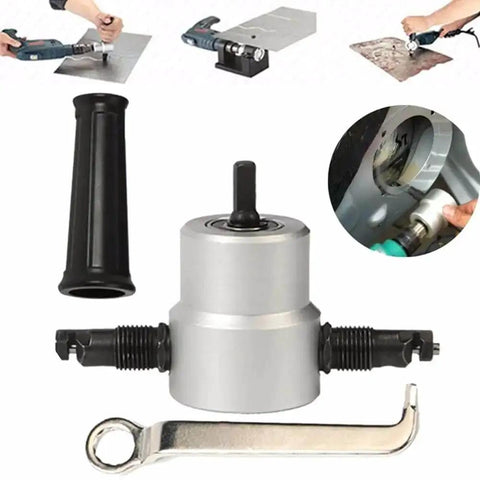 Double Head Sheet Metal Nibbler Cutter Drill Attachment with ergonomic handle and wrench, shown used for metal cutting