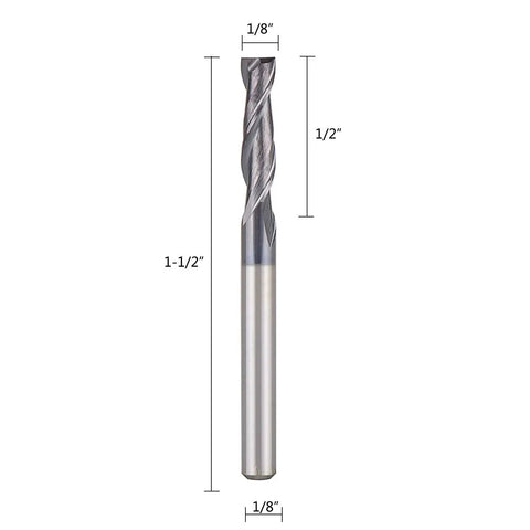 2 Flute Square Nose End Mill For CNC Router One Eighth Inch Shank TiAlN Coated Tungsten Carbide Cutter Flat Top One Half Inch Cutting Length One And A Half Inch Overall SpeTool 5 Pack For Wood And Metal Working DIYers front view with measurements