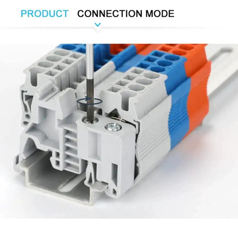10 Pieces E UK DIN Rail Terminal Block End Stopper Bracket For 35mm Wide Rail Gray Nylon PA66 Housing Fire Retardant DIN Rail Mount With Universal Mounting Foot For Easy Lock On And Secure Fit, side view with screw installation.