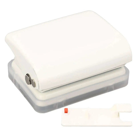 3 Hole Puncher For A7 And A4 Paper, Handheld Office Punch, all metal body with flip tray, white color, side view