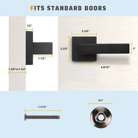 Dimensions of 6 Pack Matte Black Dummy Door Handle Set Heavy Duty Single Sided Door Levers for standard doors, including screw and cover plate sizes.