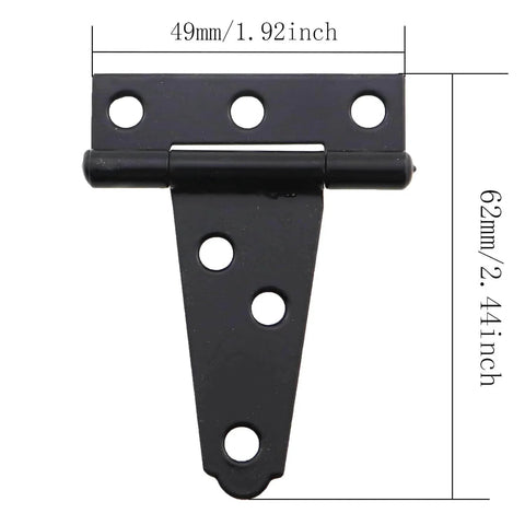 Close-up of a 2-inch black T-shaped iron door hinge with 6 locating screw holes, galvanised finish. Dimensions: 62x49mm. Product focus keyword: 4Pcs 2 Inch Black T Shaped Iron Door Hinges With 6 Locating Screw Holes For Outdoor Use Galvanised Finish Suitable For Barn Gates Shutters Fences Rustproof Durable Easy To Install With Weather Resistant Construction.