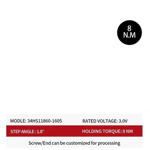 Front view of 34HS11860-1605 NEMA-34 stepper motor label showing 8 N·m holding torque, 3.0 V, 1.8° step angle.