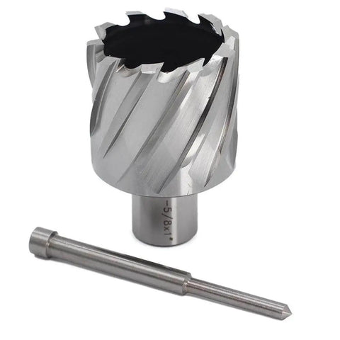 Annular Cutter For Magnetic Drill Press Oscarbide One And Five Eighths Inch Cutting Diameter One Inch Depth Of Cut Three Quarter Inch Weldon Shank With Two Flats And Pilot Pin displayed with pilot pin and dual teeth design