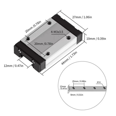 MGN12 Linear Guide Rail Kit For 3D Printers Pro Grade Aluminum Rail With Black Carriage Lengths From 100mm To 700mm dimensions diagram