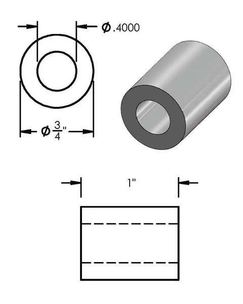 Diagram of Aluminum Spacer Three Quarters Inch OD Three Eighths Inch ID Choose Your Length Unthreaded Round Standoff Bushing